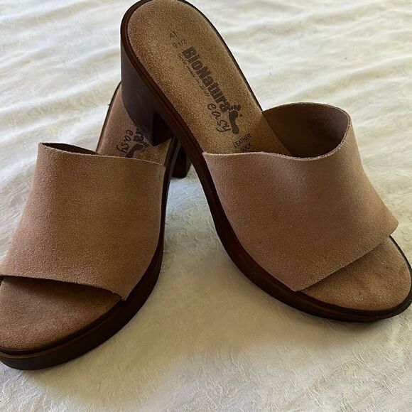 Bionatura Italian Shoes Slides Sandals Tan Leather Wood Size 9.5 or 41 - Picture 1 of 11